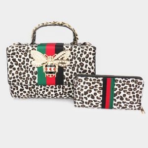 White Leopard Print HoneyBee Color Block Pearl Crystal Tote Purse Bag Wallet Set